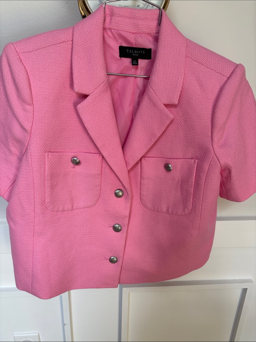 Talbots tweed short-sleeve blazer features front patch pockets and metallic